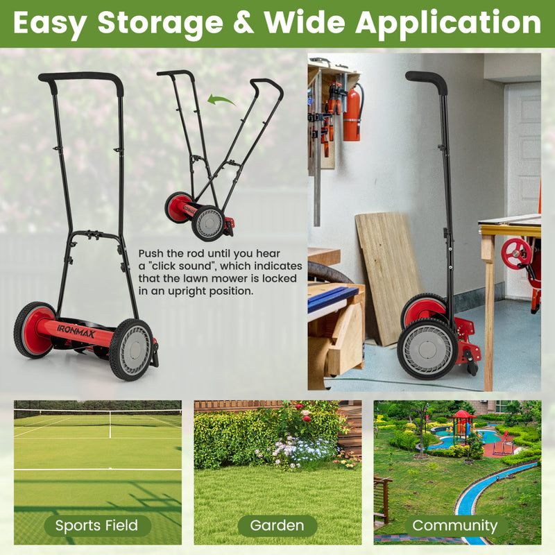 Costway - 16 Inch Push Lawn Mower with 5 Steel Blades and Grass Catcher Bag-Red