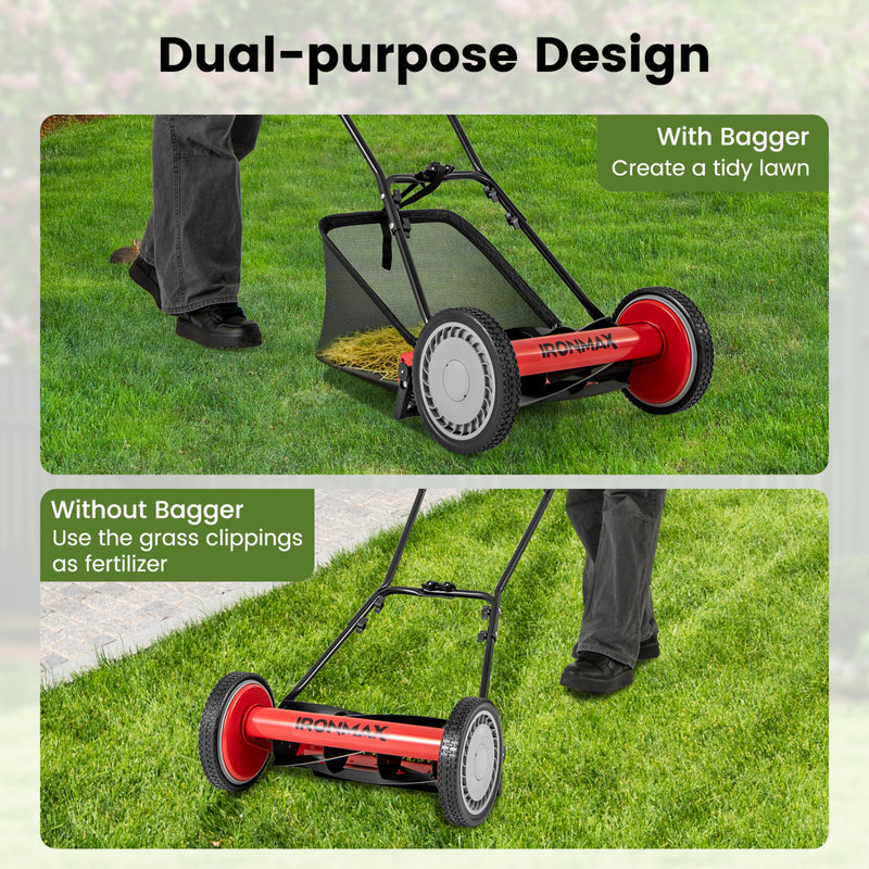Costway - 16 Inch Push Lawn Mower with 5 Steel Blades and Grass Catcher Bag-Red
