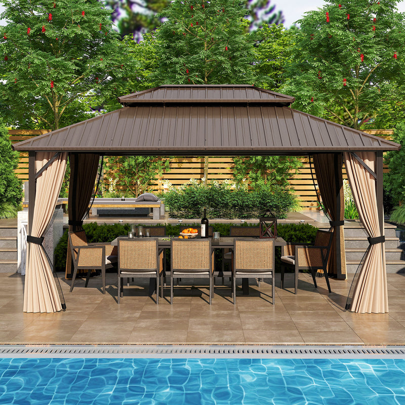 Costway - 16 x 12 FT Hardtop Gazebo Outdoor Pergola for Patio Garden Deck Lawn Backyard Party Tent-Coffee