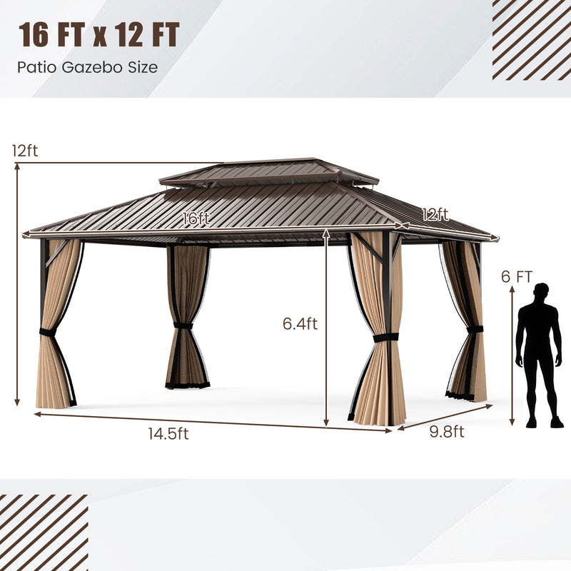 Costway - 16 x 12 FT Hardtop Gazebo Outdoor Pergola for Patio Garden Deck Lawn Backyard Party Tent-Coffee