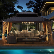 Costway - 16 x 12 Feet Hardtop Gazebo Aluminum Frame Permanent Pavilion with Curtains and Netting-Coffee