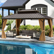Costway - 16 x 12 Feet Hardtop Gazebo Aluminum Frame Permanent Pavilion with Curtains and Netting-Coffee
