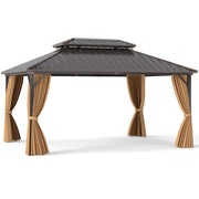 Costway - 16 x 12 Feet Hardtop Gazebo Aluminum Frame Permanent Pavilion with Curtains and Netting-Coffee