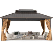 Costway - 16 x 12 Feet Hardtop Gazebo Aluminum Frame Permanent Pavilion with Curtains and Netting-Coffee