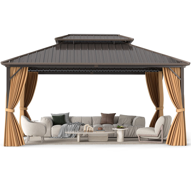 Costway - 16 x 12 Feet Hardtop Gazebo Aluminum Frame Permanent Pavilion with Curtains and Netting-Coffee