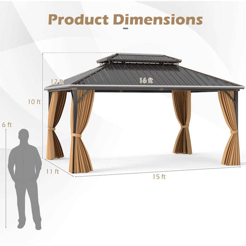 Costway - 16 x 12 Feet Hardtop Gazebo Aluminum Frame Permanent Pavilion with Curtains and Netting-Coffee