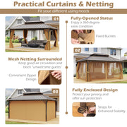 Costway - 16 x 12 Feet Hardtop Gazebo Aluminum Frame Permanent Pavilion with Curtains and Netting-Coffee
