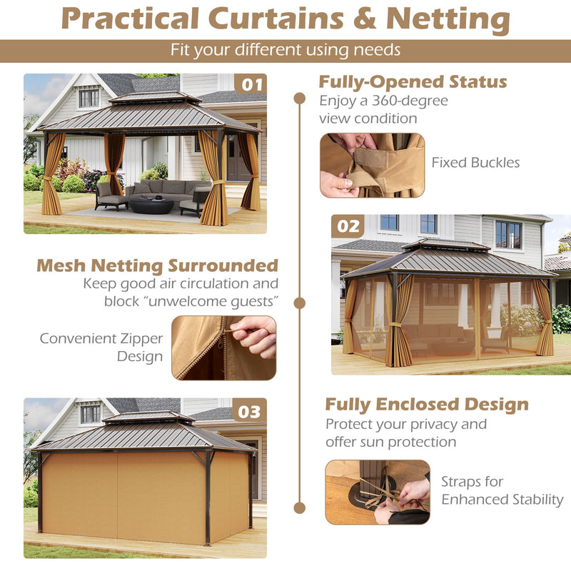 Costway - 16 x 12 Feet Hardtop Gazebo Aluminum Frame Permanent Pavilion with Curtains and Netting-Coffee