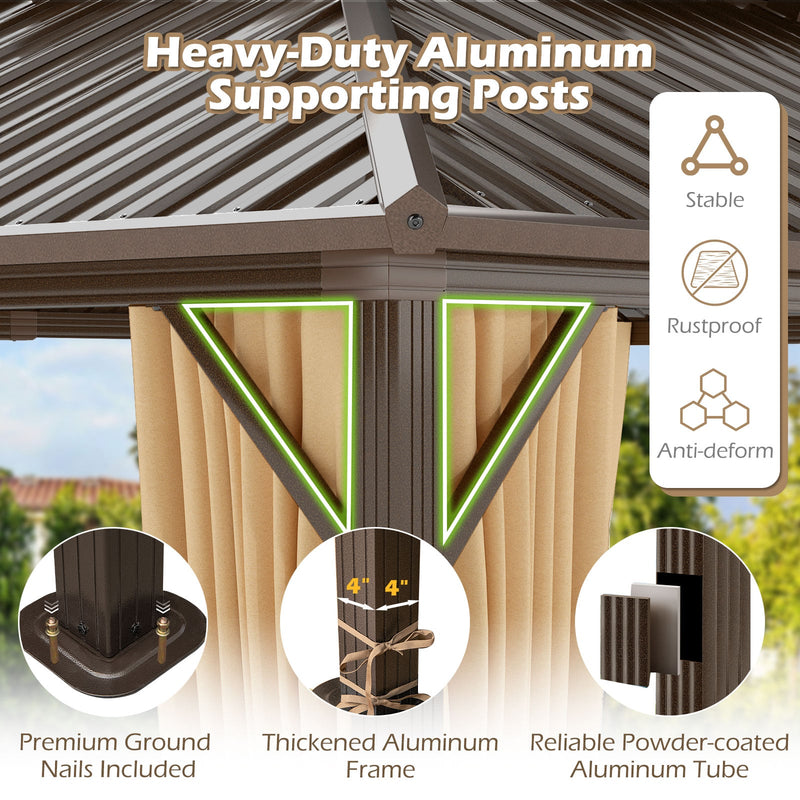 Costway - 16 x 12 Feet Hardtop Gazebo Aluminum Frame Permanent Pavilion with Curtains and Netting-Coffee