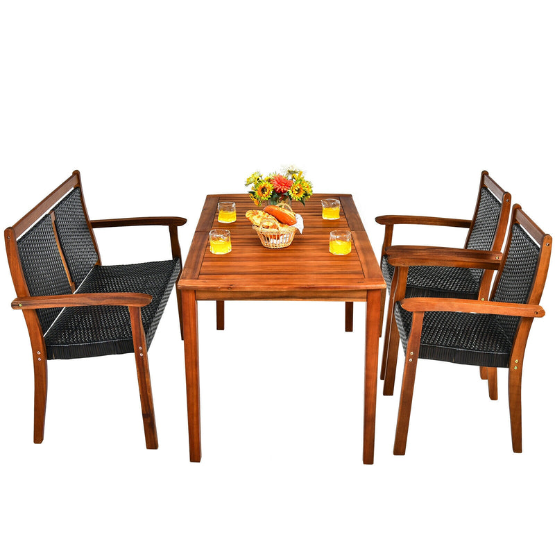 Costway - 4 Pieces Acacia Wood Patio Rattan Dining Furniture Set