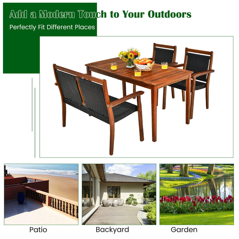 Costway - 4 Pieces Acacia Wood Patio Rattan Dining Furniture Set