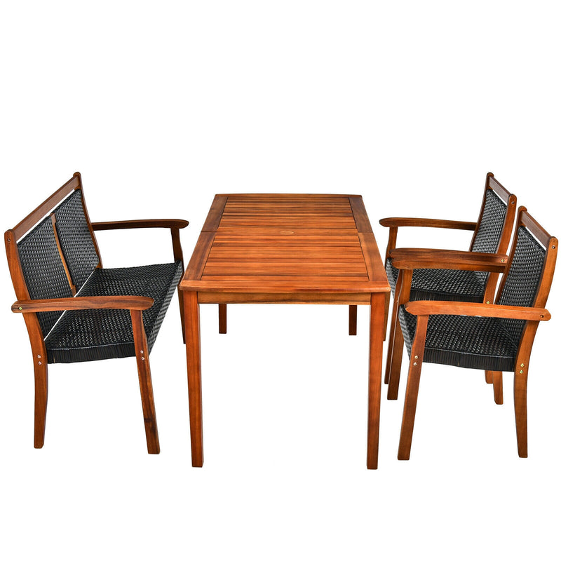 Costway - 4 Pieces Acacia Wood Patio Rattan Dining Furniture Set