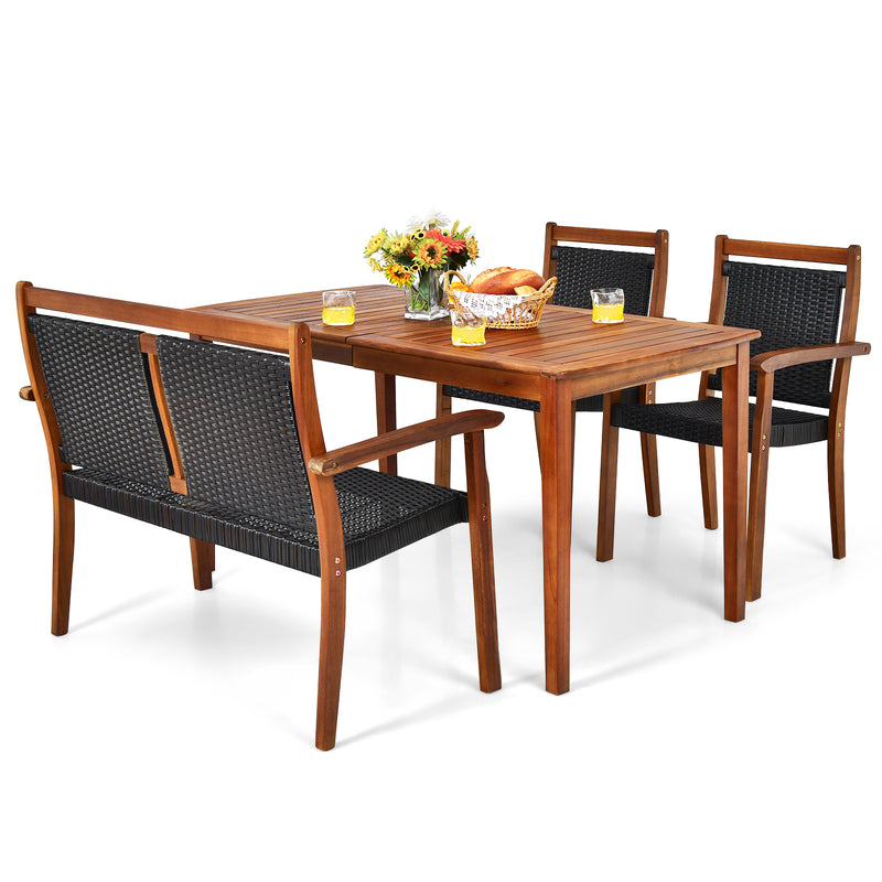 Costway - 4 Pieces Acacia Wood Patio Rattan Dining Furniture Set