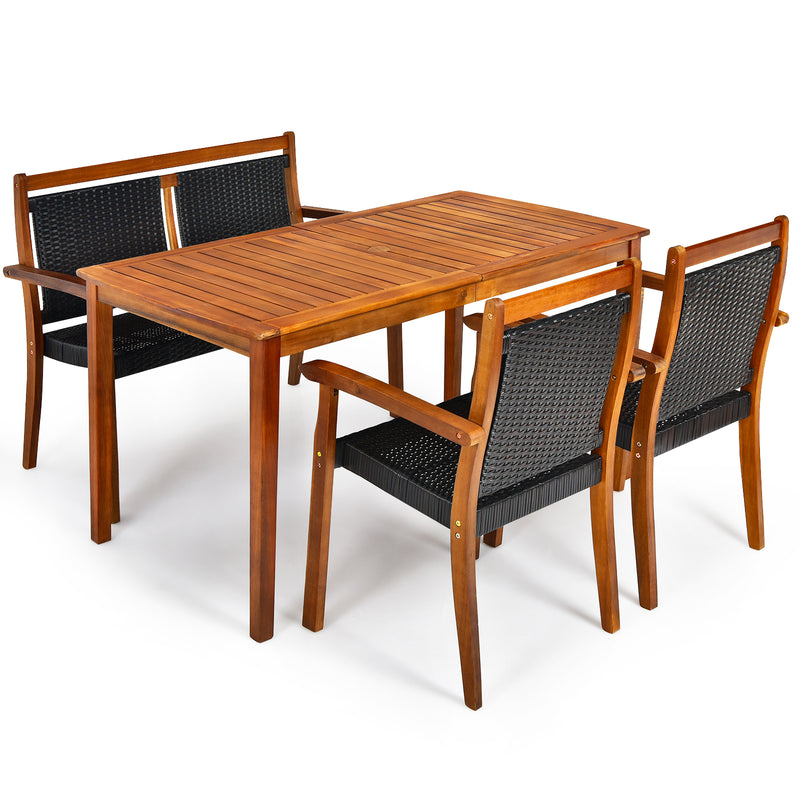 Costway - 4 Pieces Acacia Wood Patio Rattan Dining Furniture Set