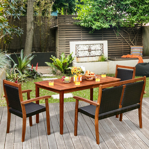 Costway - 4 Pieces Acacia Wood Patio Rattan Dining Furniture Set