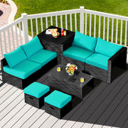 Costway - 8 Pieces Patio Rattan Storage Table Furniture Set-Turquoise