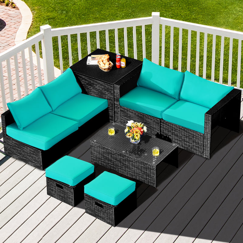 Costway - 8 Pieces Patio Rattan Storage Table Furniture Set-Turquoise