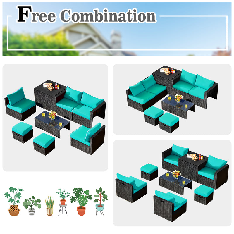 Costway - 8 Pieces Patio Rattan Storage Table Furniture Set-Turquoise