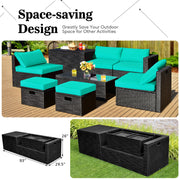 Costway - 8 Pieces Patio Rattan Storage Table Furniture Set-Turquoise