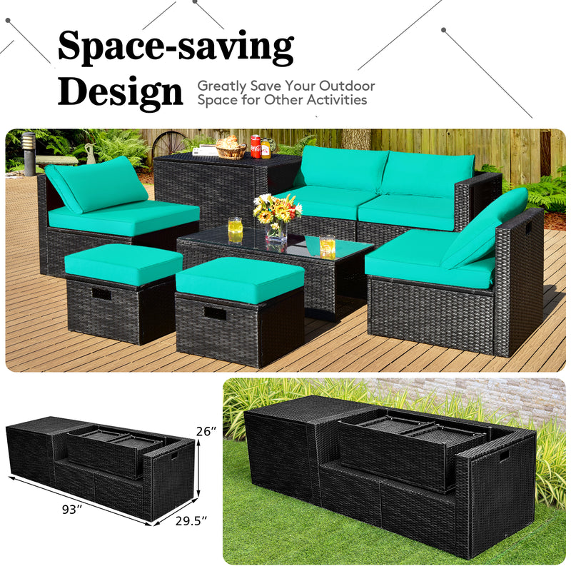 Costway - 8 Pieces Patio Rattan Storage Table Furniture Set-Turquoise