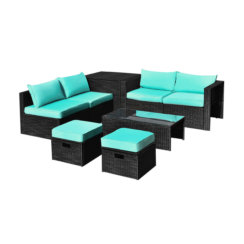 Costway - 8 Pieces Patio Rattan Storage Table Furniture Set-Turquoise