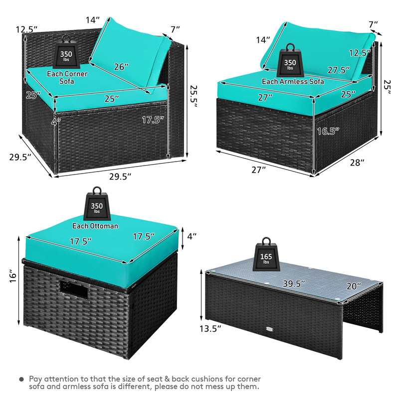 Costway - 8 Pieces Patio Rattan Storage Table Furniture Set-Turquoise