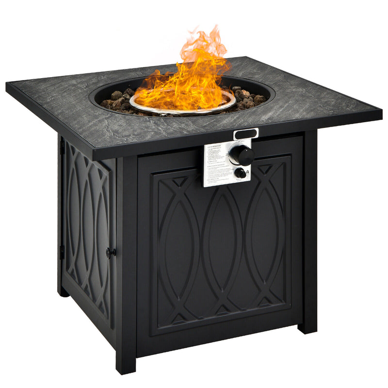 Costway - 32 Inch Propane Fire Pit Table Square Tabletop with Lava Rocks Cover 50000 BTU-Black