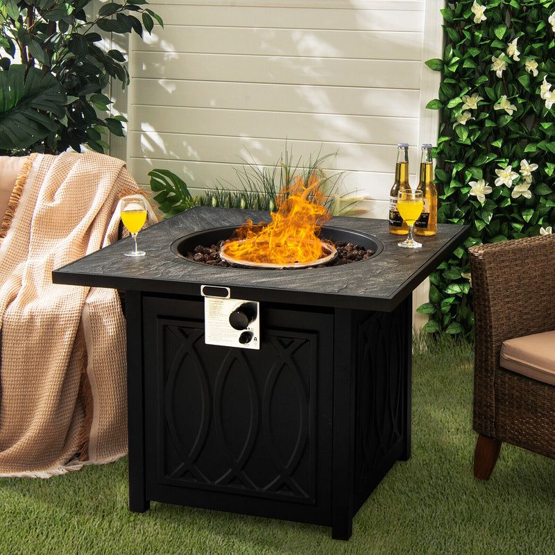 Costway - 32 Inch Propane Fire Pit Table Square Tabletop with Lava Rocks Cover 50000 BTU-Black