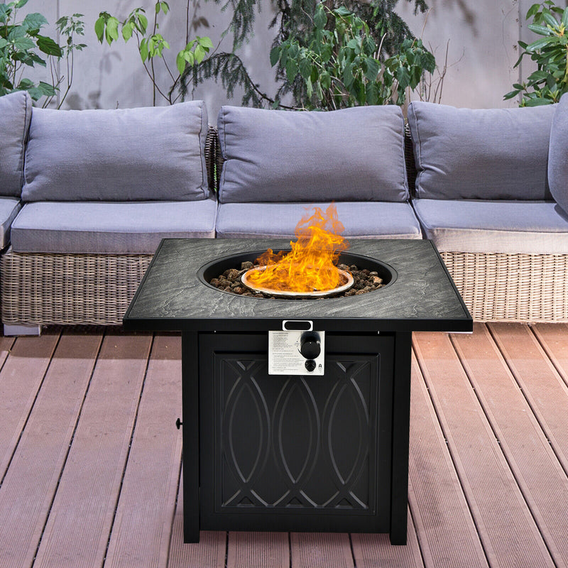 Costway - 32 Inch Propane Fire Pit Table Square Tabletop with Lava Rocks Cover 50000 BTU-Black