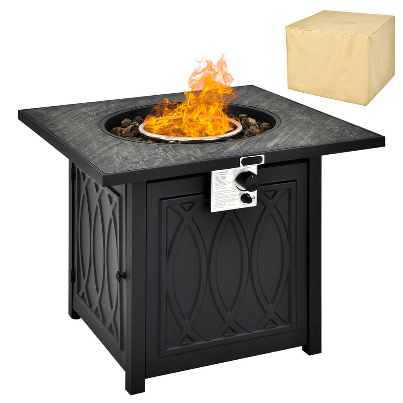 Costway - 32 Inch Propane Fire Pit Table Square Tabletop with Lava Rocks Cover 50000 BTU-Black