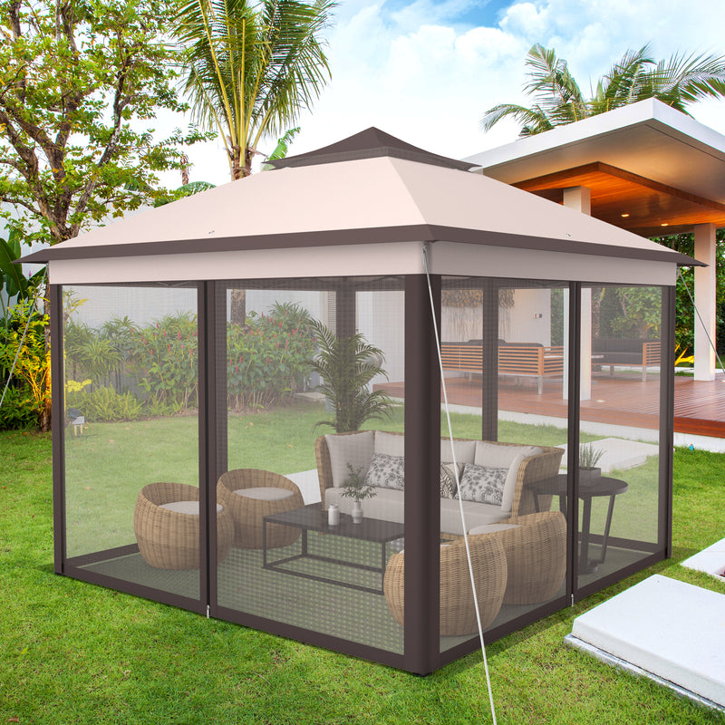Costway - 2-Tier 11 x 11 Feet Pop-Up Gazebo Tent Portable Canopy Shelter Carry Bag Mesh-Beige