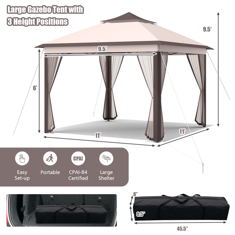 Costway - 2-Tier 11 x 11 Feet Pop-Up Gazebo Tent Portable Canopy Shelter Carry Bag Mesh-Beige