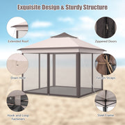 Costway - 2-Tier 11 x 11 Feet Pop-Up Gazebo Tent Portable Canopy Shelter Carry Bag Mesh-Beige