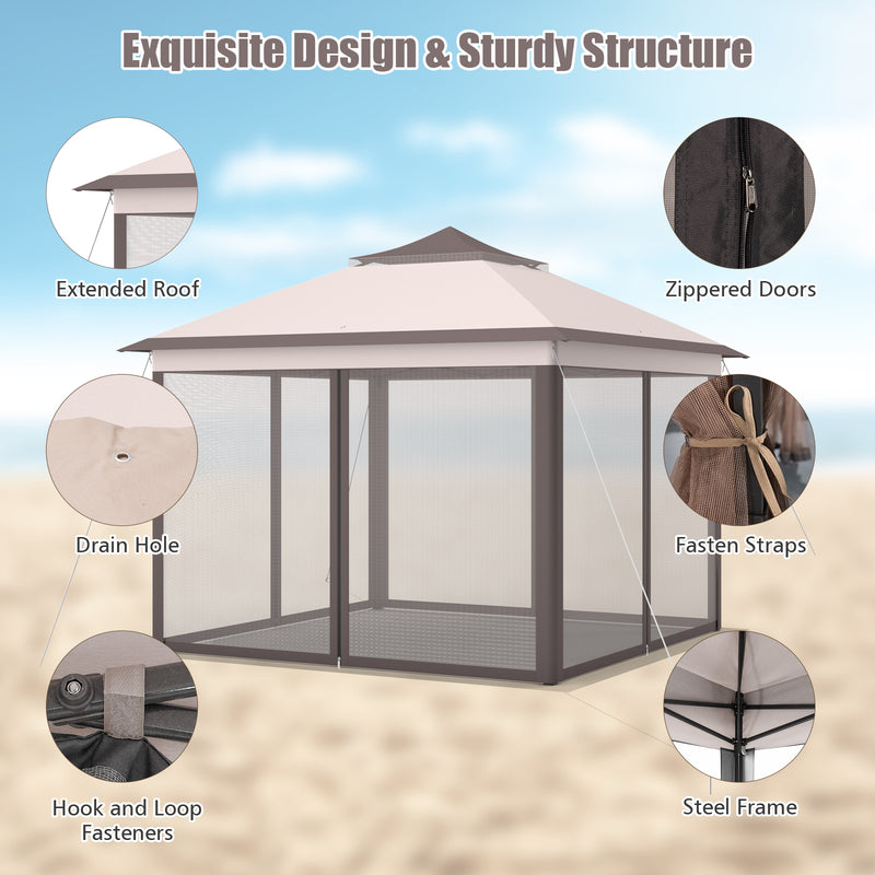 Costway - 2-Tier 11 x 11 Feet Pop-Up Gazebo Tent Portable Canopy Shelter Carry Bag Mesh-Beige