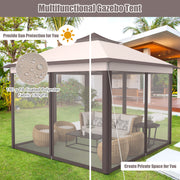 Costway - 2-Tier 11 x 11 Feet Pop-Up Gazebo Tent Portable Canopy Shelter Carry Bag Mesh-Beige