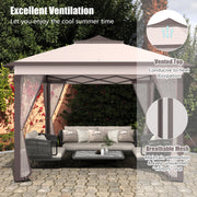 Costway - 2-Tier 11 x 11 Feet Pop-Up Gazebo Tent Portable Canopy Shelter Carry Bag Mesh-Beige