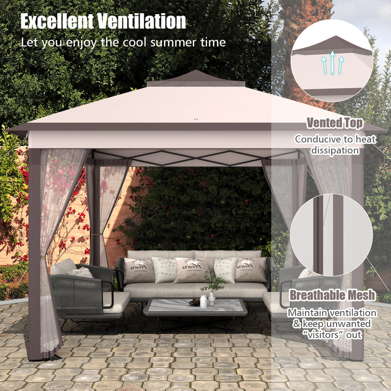 Costway - 2-Tier 11 x 11 Feet Pop-Up Gazebo Tent Portable Canopy Shelter Carry Bag Mesh-Beige