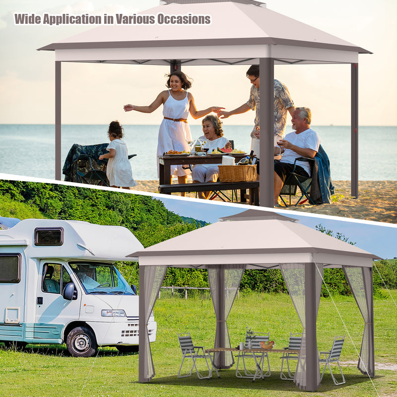 Costway - 2-Tier 11 x 11 Feet Pop-Up Gazebo Tent Portable Canopy Shelter Carry Bag Mesh-Beige