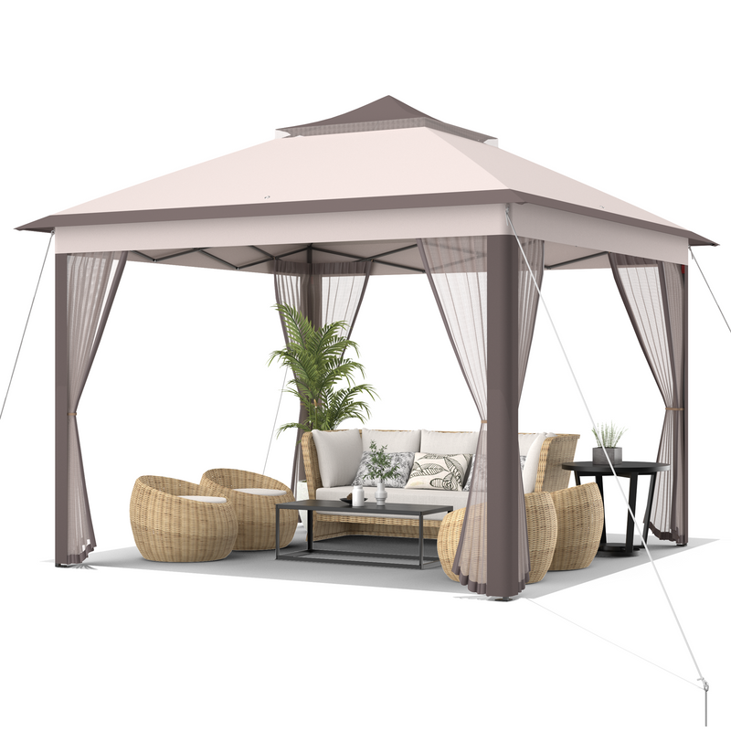 Costway - 2-Tier 11 x 11 Feet Pop-Up Gazebo Tent Portable Canopy Shelter Carry Bag Mesh-Beige