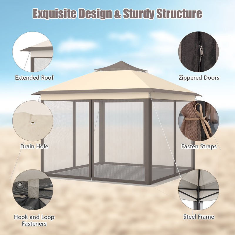 Costway - 2-Tier 11 x 11 Feet Pop-Up Gazebo Tent Portable Canopy Shelter Carry Bag Mesh