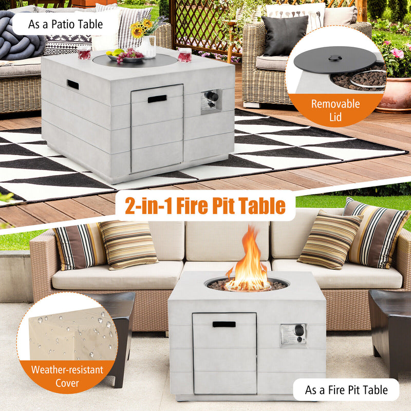 Costway - 34 Inch Square Concrete Propane Fire Pit Table with Lava Rocks and Cover 50 000 BTU-Gray
