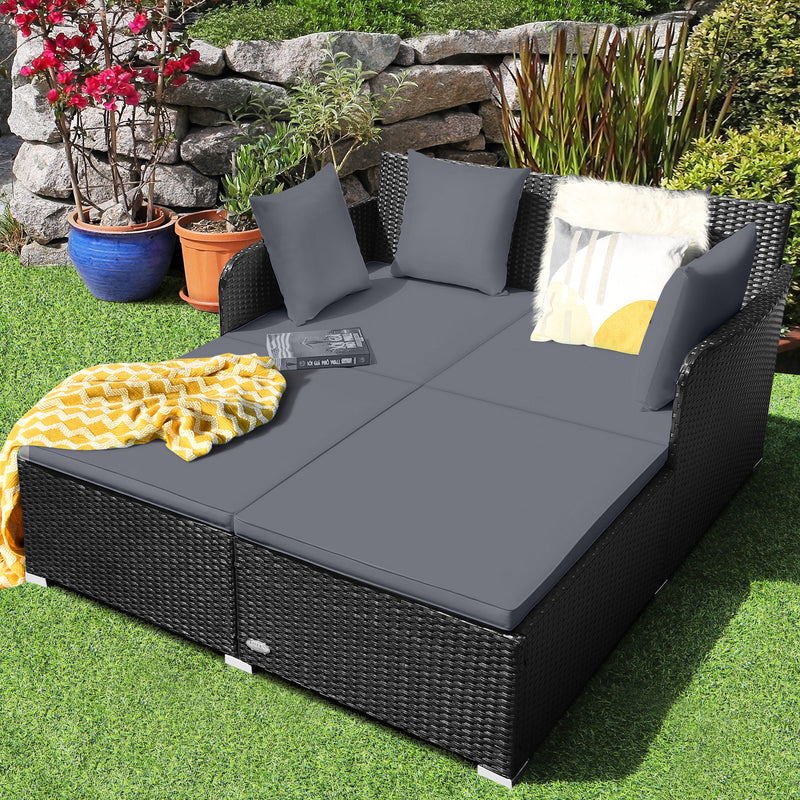 Costway - Spacious Outdoor Rattan Daybed with Upholstered Cushions and Pillows-Gray