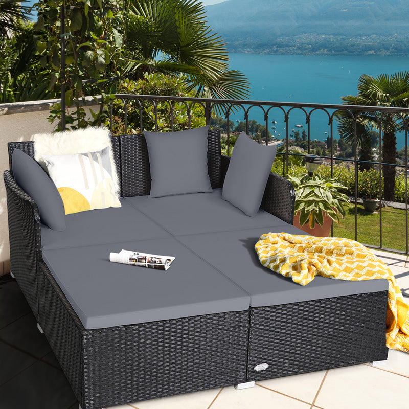 Costway - Spacious Outdoor Rattan Daybed with Upholstered Cushions and Pillows-Gray