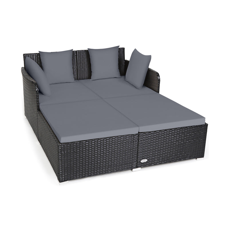 Costway - Spacious Outdoor Rattan Daybed with Upholstered Cushions and Pillows-Gray