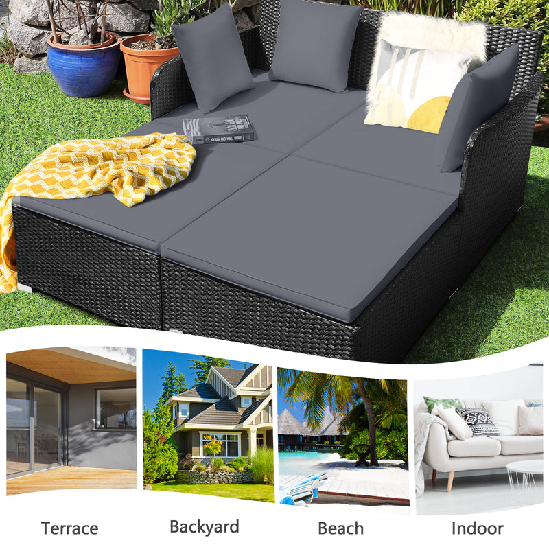 Costway - Spacious Outdoor Rattan Daybed with Upholstered Cushions and Pillows-Gray