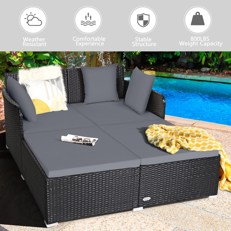 Costway - Spacious Outdoor Rattan Daybed with Upholstered Cushions and Pillows-Gray