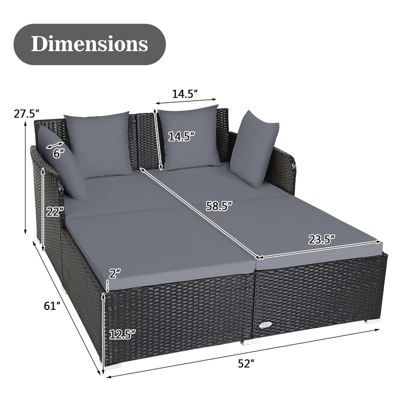 Costway - Spacious Outdoor Rattan Daybed with Upholstered Cushions and Pillows-Gray