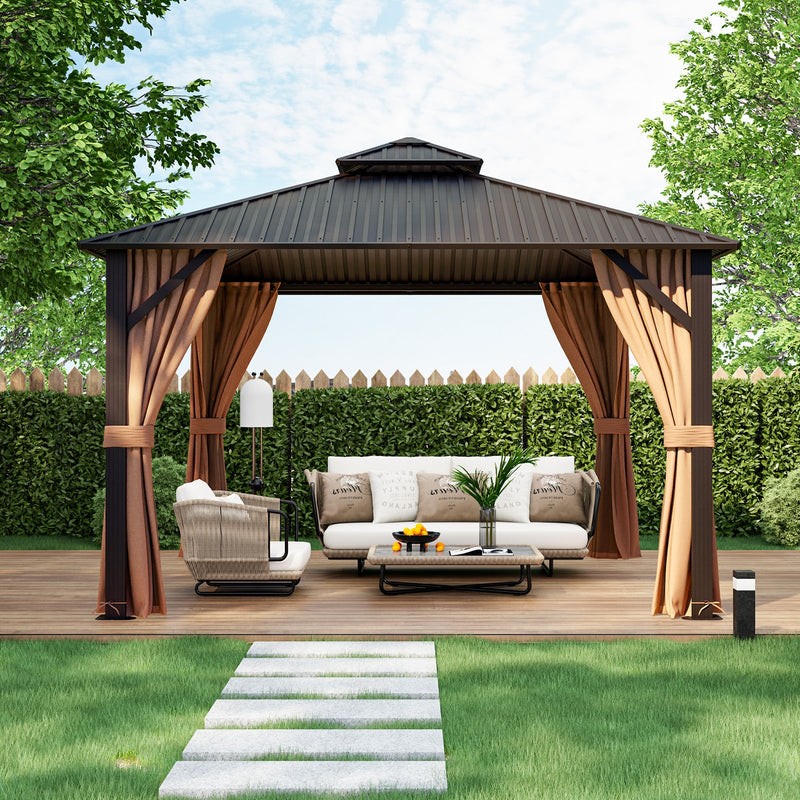 Costway - 12 x 12 Feet Double-Roof Patio Hardtop Gazebo with Galvanized Steel Roof Netting and Curtains-Coffee