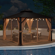 Costway - 12 x 12 Feet Double-Roof Patio Hardtop Gazebo with Galvanized Steel Roof Netting and Curtains-Coffee