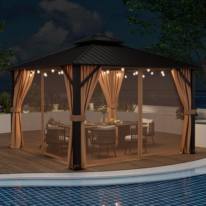 Costway - 12 x 12 Feet Double-Roof Patio Hardtop Gazebo with Galvanized Steel Roof Netting and Curtains-Coffee